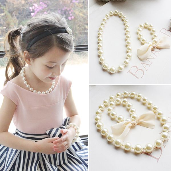 

new fashion kids romantic pearl jewelry set for children simulated bead necklace bracelet little girl's toy birthday party gifts, Silver