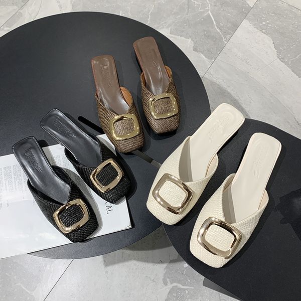 

cover toe female shoes slippers casual mules for women 2020 rivet low slides new luxury square flat metal decoration basic, Black