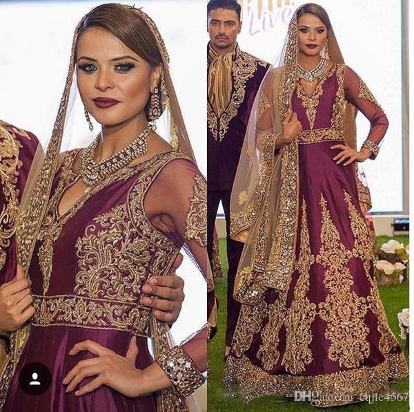 

2018 new v neck gold lace beaded sheer long sleeves vestidos de novia bridal wedding gowns burgundy satin italy arabic wedding dresses, White