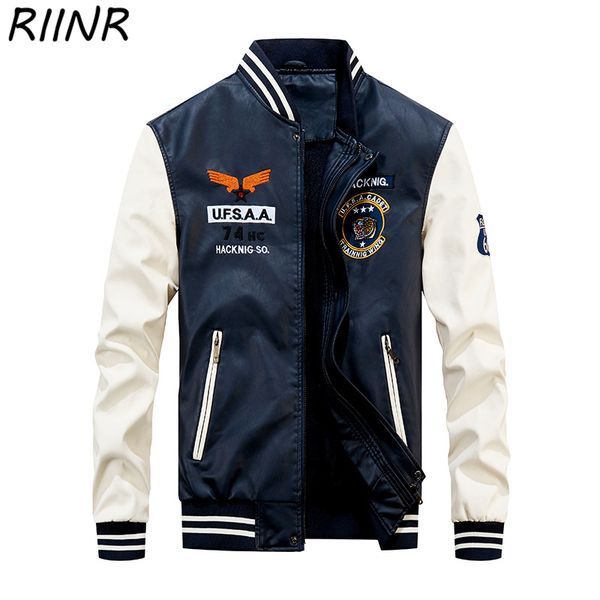 

riinr 2020 new patchwork casual baseball uniform jacket male pu jacket male large size street clothing m-4xl, Black