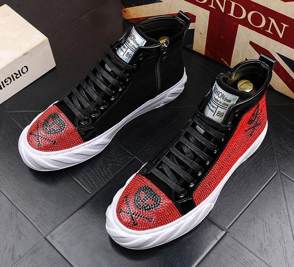 

2020 men new high- luxury rhinestone red silver casual flats shoes loafers male thick bottom sneakers masculino, Black