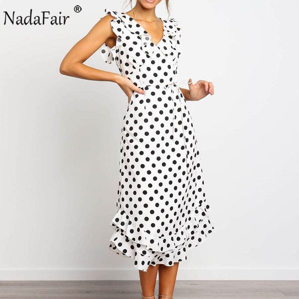 

nadafair polka dot dress summer women v neck ruffles sash midi elegant dress ladies petal sleeve party long, Black;gray