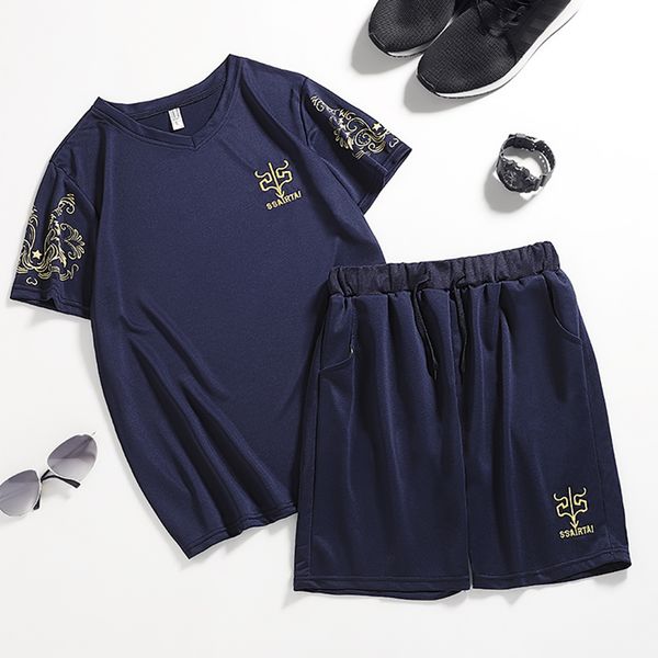 

summer casual men tracksuit clothing male sets fitness printing sporting suits short sleeve t shirt+shorts quick drying 2pcs set, Gray