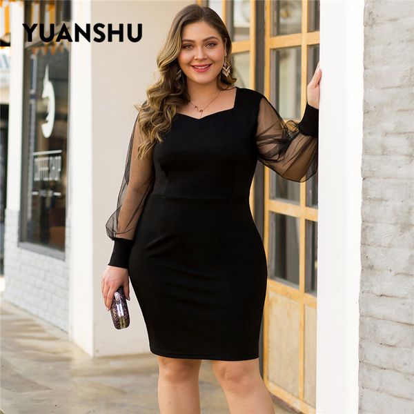 

yuanshu elegant black plus size party dress women mesh long sleeve spring autumn dress fashion xl-4xl large size clothes, Black;gray