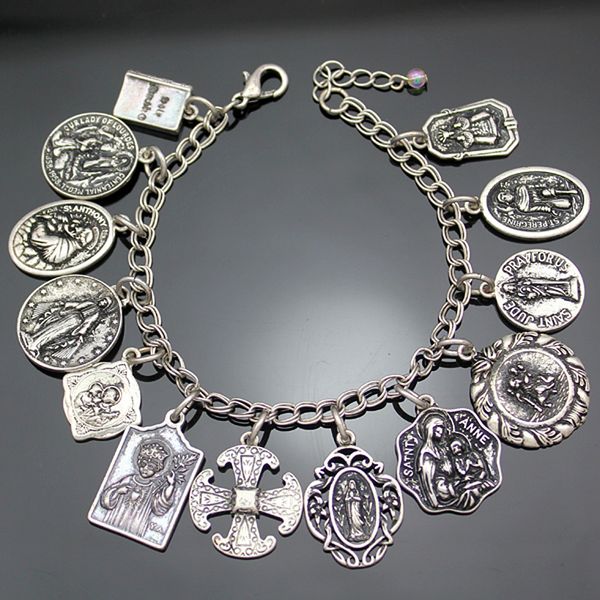 

vintage gold silver catholic religious church medals saints pray for us cross chain bracelet bangle jewelry new, Black