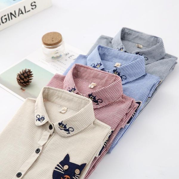 

2020 autumn women shirts blouses embroidery cat long sleeve shirt striped camisas femininas fashion office work wear ladies, White