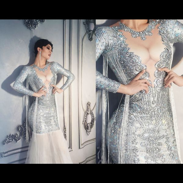

Sexy Shining Crystals Fishtail Long Dress Long Sleeves Women Mesh Bodycon Dress Party Prom Costumes Singer Performance Wear