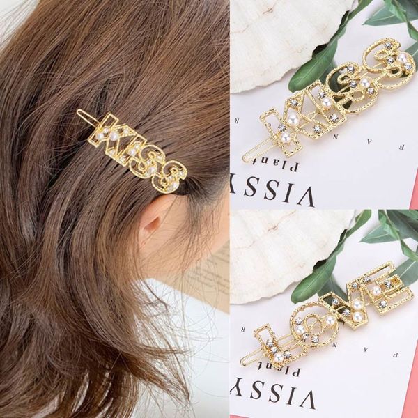 

women girls romantic hollow numbers letters hair clips metallic gold rhinestone imitation pearl bobby pins party barrettes kh77, Golden;white