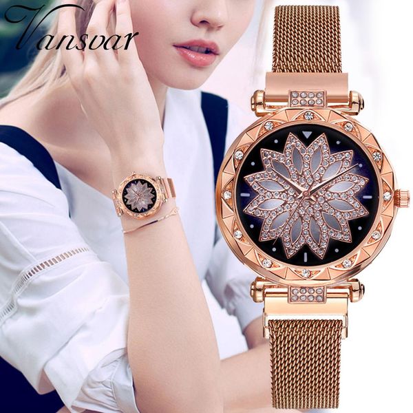 

luxury women watches magnetic starry sky flowers clock rhinestone quartz casual wristwatch ladies wrist watch a40, Slivery;brown