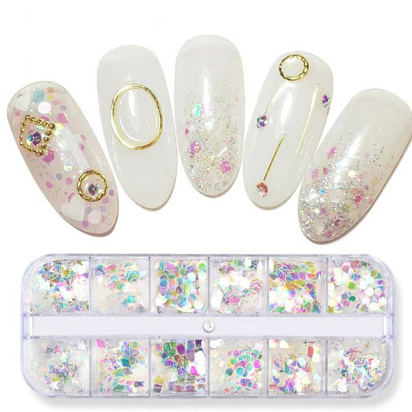 

12 сетки блеск блестки 3d sparkly nail art блестит transparent aurora хлопья голографическая paillette charm маникюр украшения, Silver;gold