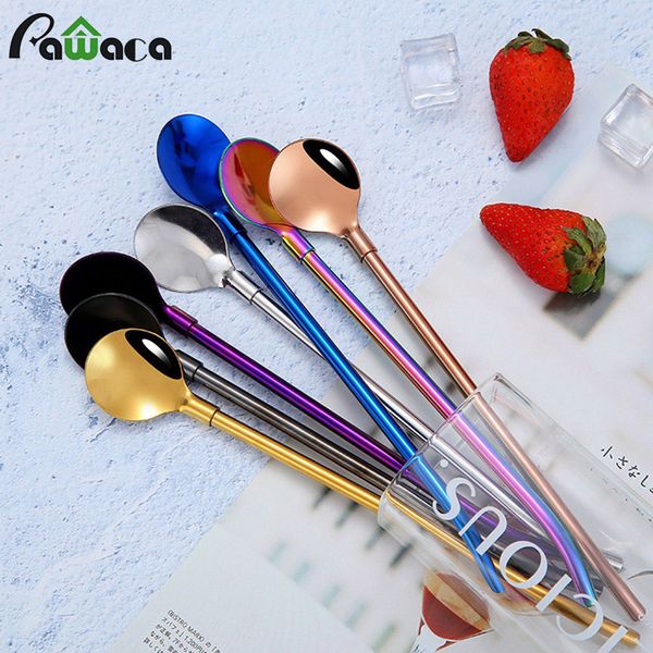 

9/8/7pcs stainless steel spoon straw set with cleaning brush reusable long metal drinking straws for cocktail and bubble