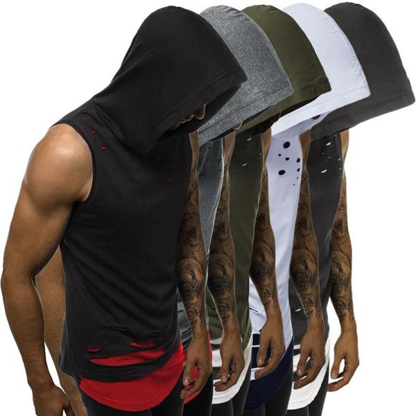 

men's hole vest splicing fake two patchwork casual sleeveless contrast hoodie men vest jacket 3d17, Black;white