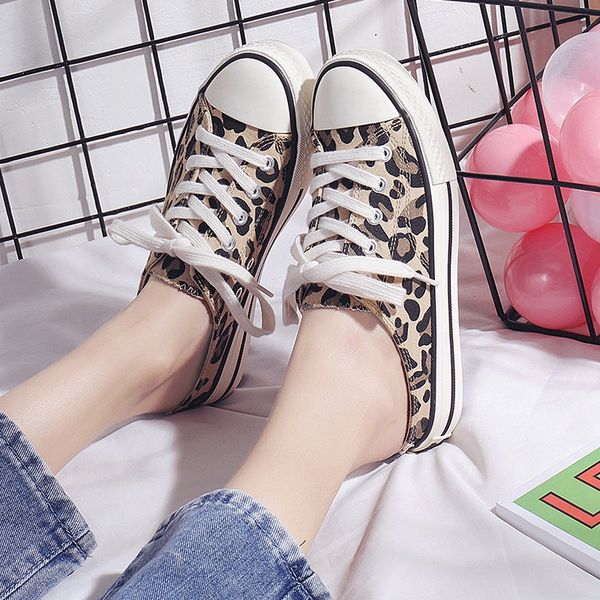 

leopard print non-heel canvas shoes sneakers women flat korean wild half slippers women walking shoes outdoor zz-212, Black