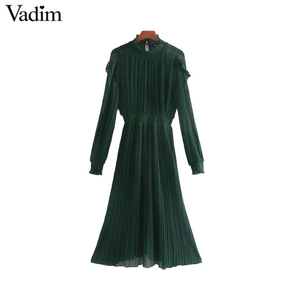 

vadim women elegant solid chiffon midi dress ruffles elastic waist long sleeve female casual dresses see through vestidos qc856, Black;gray