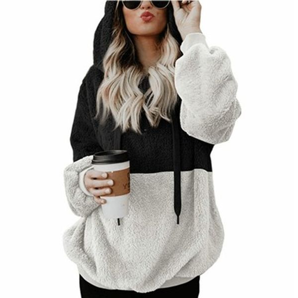 

large size faux fur teddy bear coat patchwork women hoodies winter zipper long sleeve female pullover plus size 5xl sweatshirts, Black