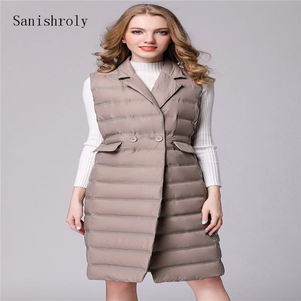 

sanishroly women sleeveless suit collar waistcoat autumn winter ultra light duck down coat parka female long down vest s813, Black;white