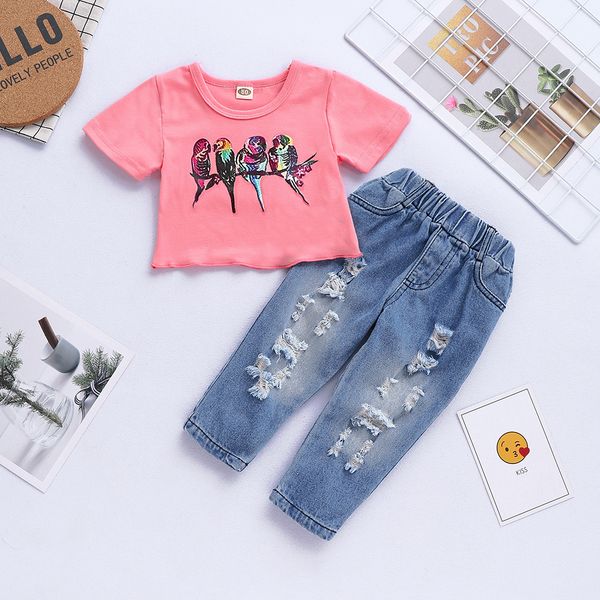 

baby Girl Summer Clothing sets O-neck short Sleeve Birds Print Shirt +Denim Pant Summer Girl Clothing set