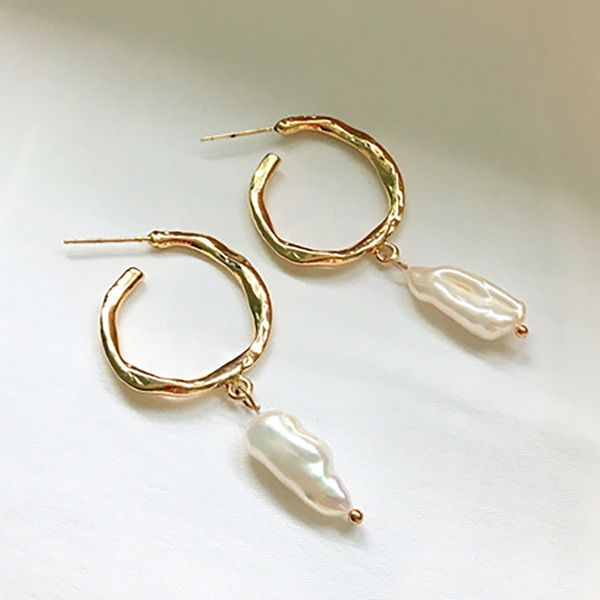 

srcoi gold color metal freshwater pearl hoop earrings s925 sterling silver pin geometric circle wedding earrings women jewelry, Golden