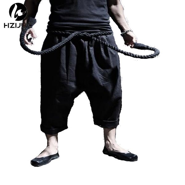 

hzijue new autumn england style dark retro rock unique thick waist rope linen harem pants men casual loose harem pants men,m-xxl, Black