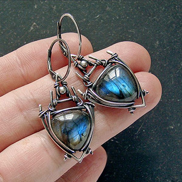 

vintage triangle blue resin stone earrings for women tribal jewelry delicate metal geometric hanging dangle earrings, Silver