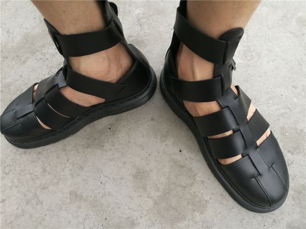 

designer gladiator men sandals fashion cow patent leather patchwork homme shoes casual buckle strap male sandals, Black