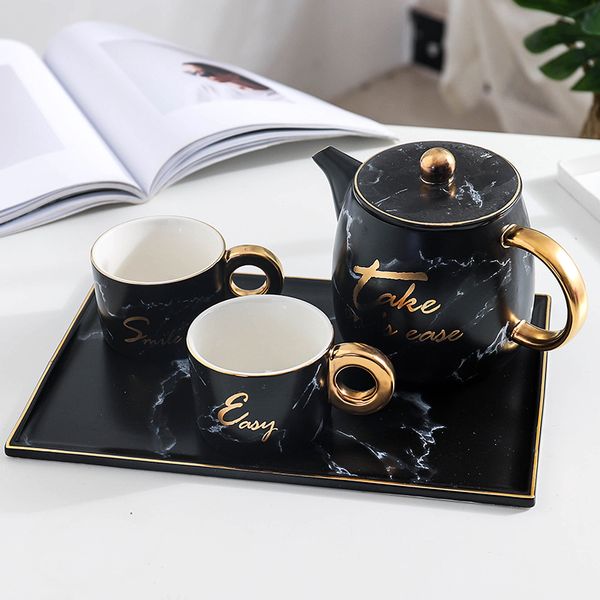 

900ml ceramic tea kettle coffee pot marble two pieces 180ml cups mugs with tea tray tea set gift