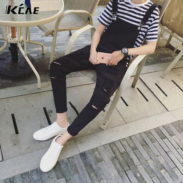 

wholesale-male suspenders new brand casual denim overalls black white ripped jeans pockets men's bib jeans boyfriend, Blue