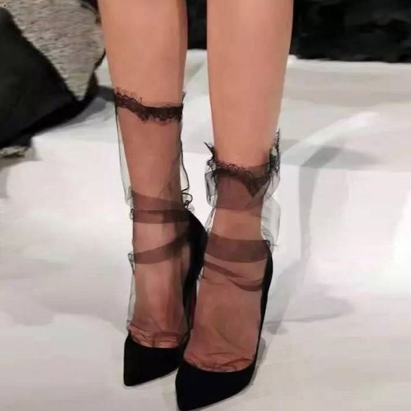 

women's chiffon transparent mesh eyelash lace socks.ladies ultra-thin princess gauze socks female meias.2 colors, Black;white