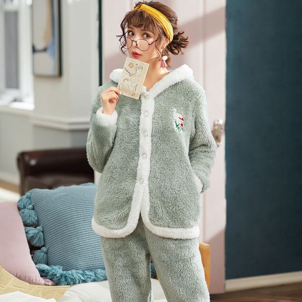 

pajamas women autumn and winter sweet and lovely korean version of coral fleece warm plus velvet thick flannel home service suit, Blue;gray
