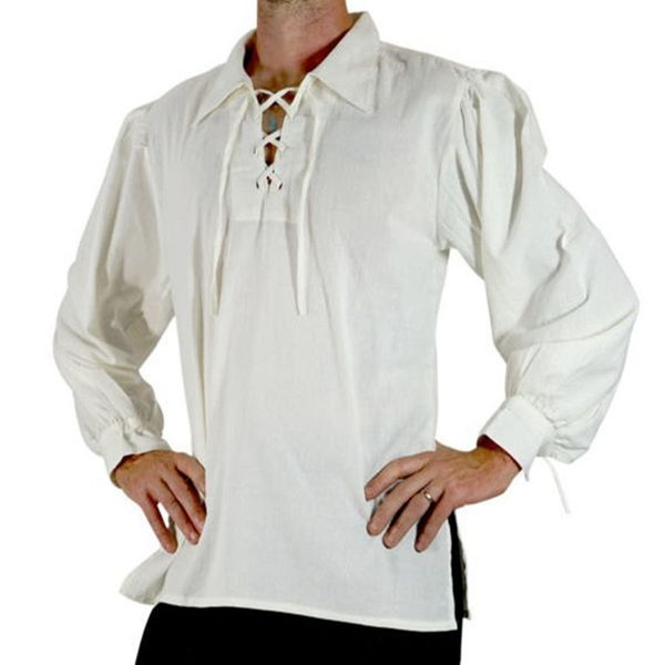 

men medieval long sleeve lapel collar shirt vintage retro party gothic ruffle decorated cotton linen solid color blouses, White;black