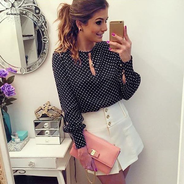 

new blouses 2019 chiffon arrival women casual o neck long sleeves spring summer chiffon shirt dots polka, White