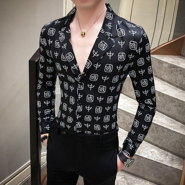 

ropa hombre casual 2020 spring men shirt british style long sleeve jacket v lead printing shirt casual slim fit flower men, White;black
