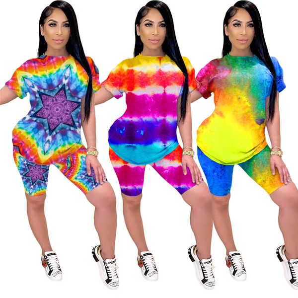 

tie dye print basic tee t shirt and biker shorts two piece set tracksuit women club outfits lounge wear ensemble femme 2 pieces, Gray