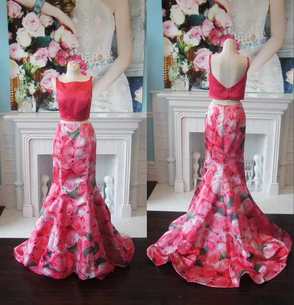Bedrucktes Blumen-Abschlussballkleid 2k19, elegante Wassermelonen-Meerjungfrau, formelle Event-Kleider, Träger, rückenfrei, Bateau-Ausschnitt, maßgeschneidertes Kleid für den roten Teppich