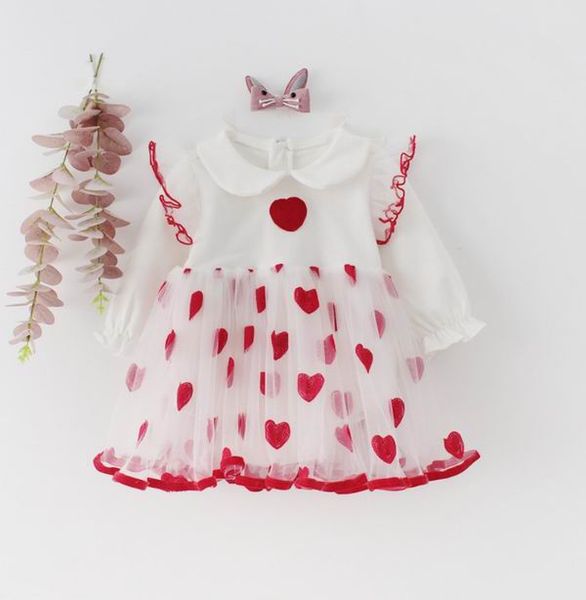 

baby girl love heart платье марли с длинным рукавом платье ползунки для девочки одежда 0-2y e91018, Red;yellow