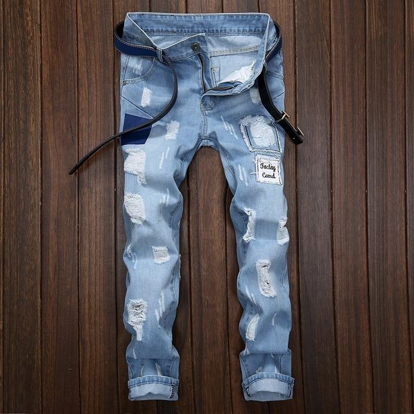 

2020 fashion casual straight ripped hole jeans men's straight beggar patch streetwearcity boy nostalgic light jeans men, Blue