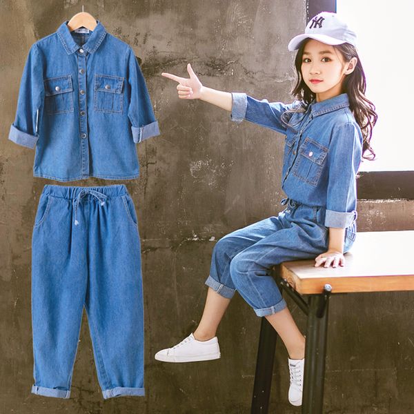 

children girls clothing denim shirts with blue jeans 2pcs sets school for girls clothes sets 6 8 10 11 12 14 years spring 2019, White