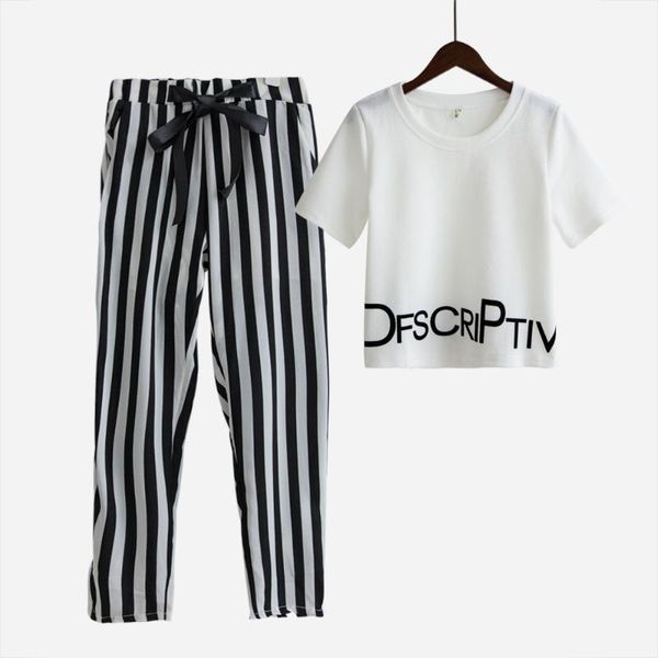 

womens set summer white letter printed t shirt cropped +striped pants calf length casual tracksuit s65347r