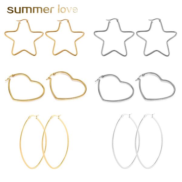 

316l stainless steel heart star hoop earrings 20mm-70mm exaggerated large round buckle dangle earrings for women gift jewelry, Golden;silver