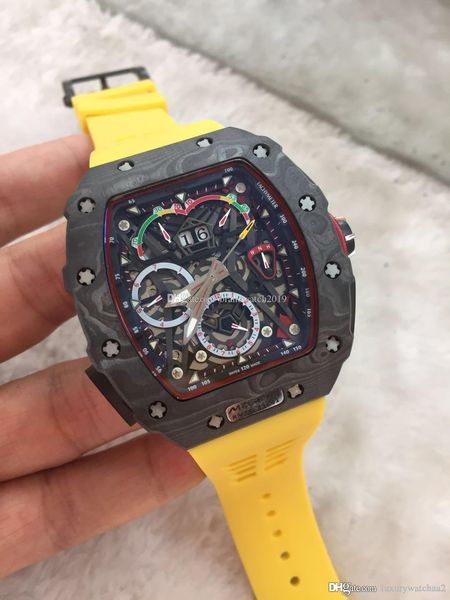 

new mens watch mechanical automatic watches rm50-03 rubber strap original buckle carbon fiber casing mens sports wrist watch, Slivery;brown