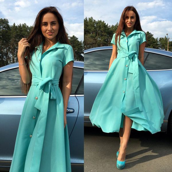 

sky blue женщины vintage пояса кнопка maxi платье с коротким рукавом turn down воротник офис элегантная платье партии 2019 летняя мода женщи, Black;gray
