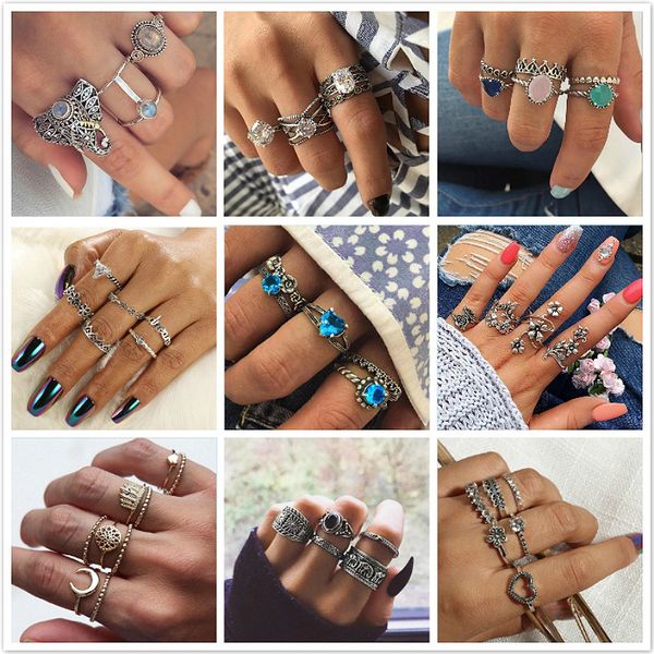 

1 set sell starry night shining vintage knuckle rings for women geometric flower crystal ring set bohemian jewelry 25, Golden;silver