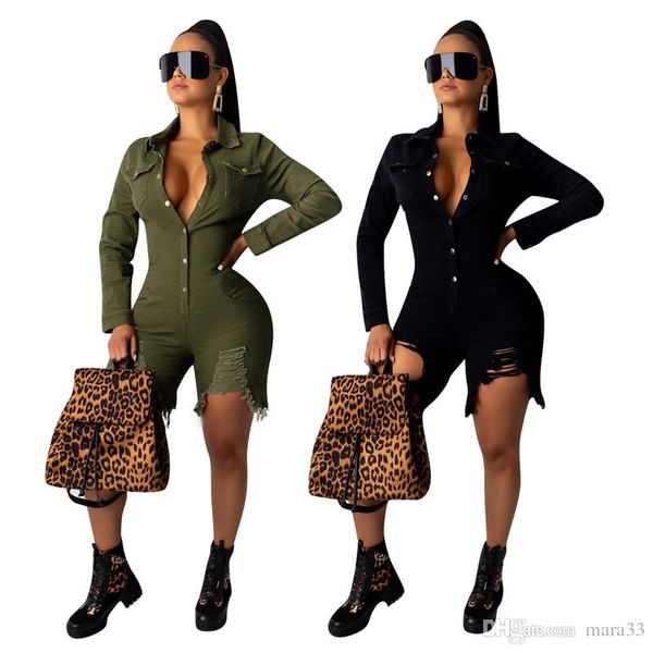 

женщины комбинезоны комбинезон осень зима buttton отворот шеи sexy club хлопок рваные с длинным рукавом боди подтяжки леггинсы шорты тренаже, Black;white