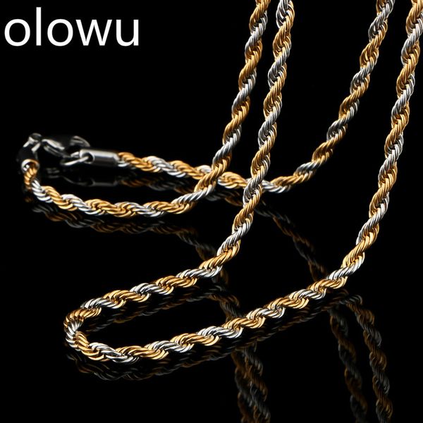 

olowu punk hip hop personalized men necklace silver and gold color twisted rope chain necklaces jewelry mens women party 4mm