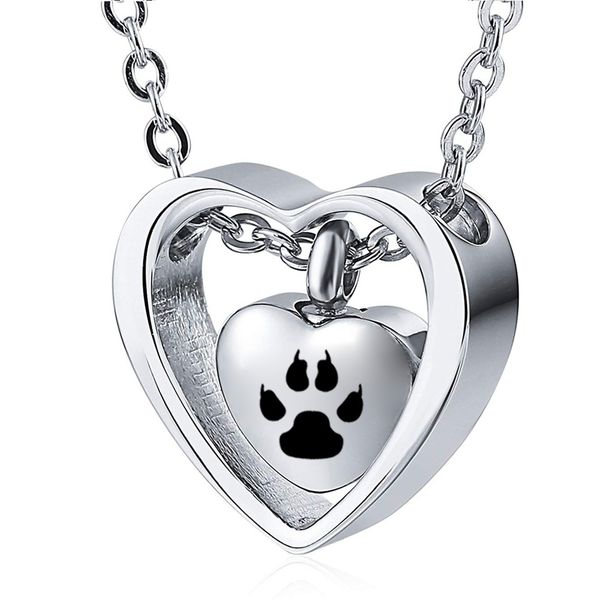 

silver stainless steel double heart cremation paw print necklace for pet ashes keepsake memorial urn jewelry