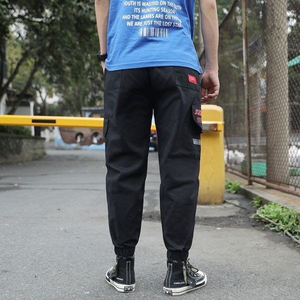 

2020 loose leisure men' s pants side fashion applique letter harem men pants joggers man elastic waist sweatpants long pant, Black
