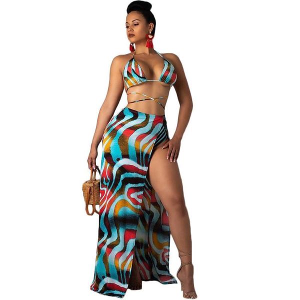 

adogirl print beach swim suit with chiffon cover up skirts two piece set dress beachwear dress bandage beach skirts outfit, White