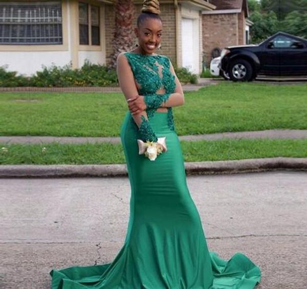 

fashion emerald green 2022 prom evening dresses mermaid for black girls long sleeves applique lace beads formal pageant dress gowns