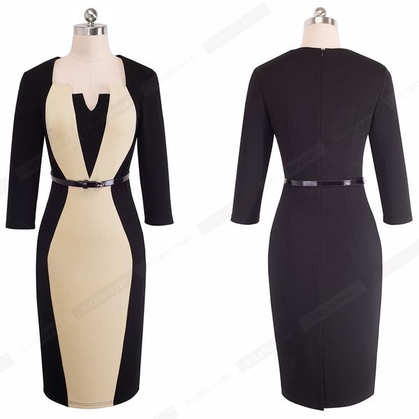 

womens elegant optical illusion patchwork contrast vintage spring autumn belted work office lady business long sleeve party bodycon dress, White;black