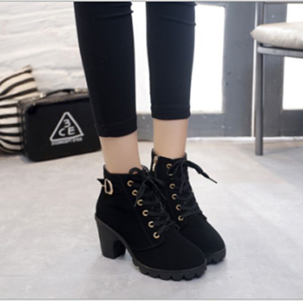 

2020 flock ankle boots for women platform high heels autumn winter womens short boots buckle a705, Black
